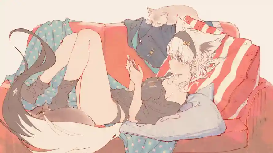 4k动漫壁纸-场景 - 躺卧-兽耳娘「哲风壁纸」