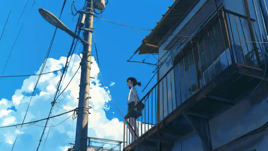 6k场景壁纸-女孩 - 蓝天-阳台「哲风壁纸」