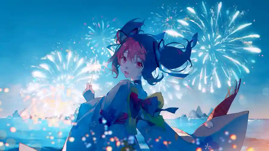5k动漫壁纸-场景 - 少女-烟花「哲风壁纸」