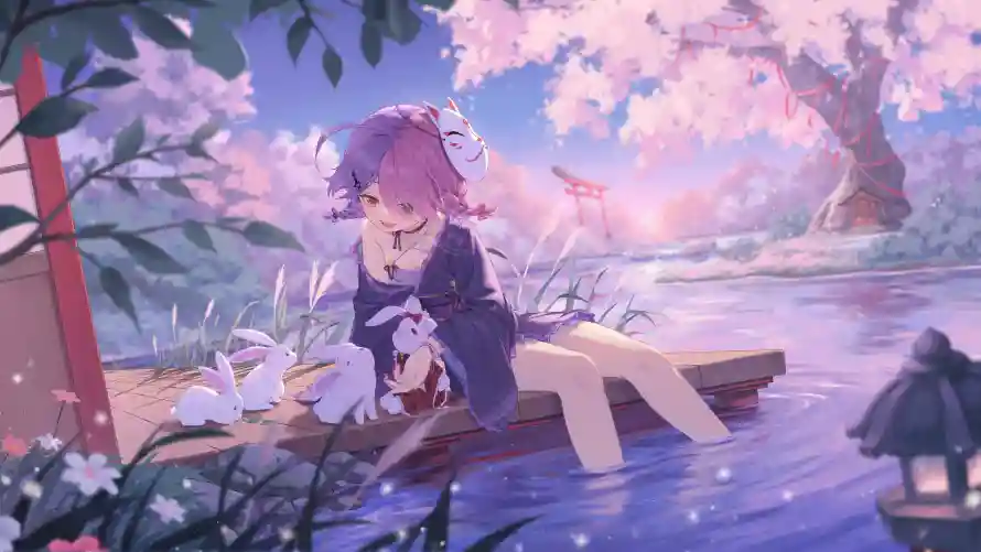 4k动漫壁纸-少女 - 樱花-水景「哲风壁纸」