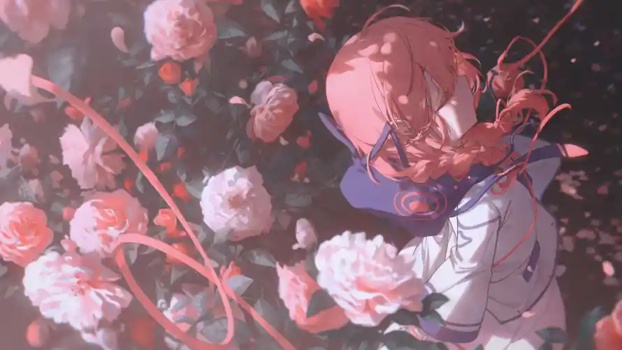 5k动漫壁纸-少女 - 花丛-花卉「哲风壁纸」