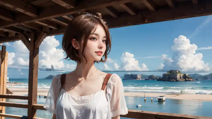 4kAI壁纸-木屋 - 海边-美女「哲风壁纸」