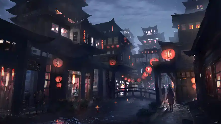2k夜景壁纸-小镇 - 中式建筑-古街夜色「哲风壁纸」