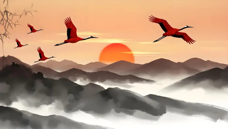 5k中式壁纸-云雾 - 仙鹤-夕阳「哲风壁纸」
