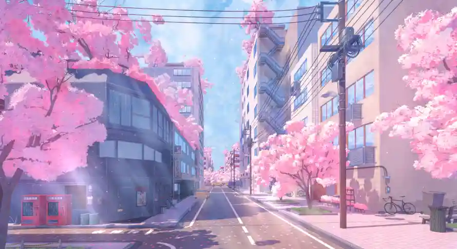 4k插画壁纸-风景 - 治愈系-樱花街道「哲风壁纸」