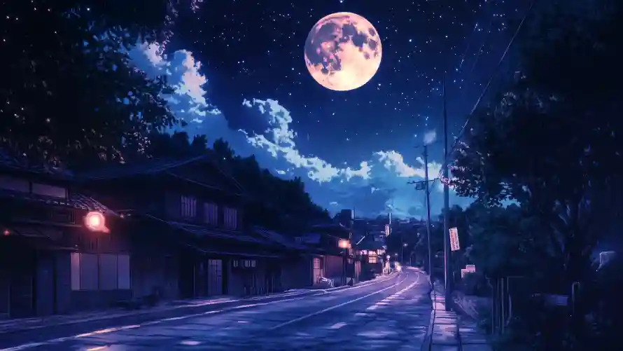 4k动漫壁纸-夜景 - 月夜-街道「哲风壁纸」
