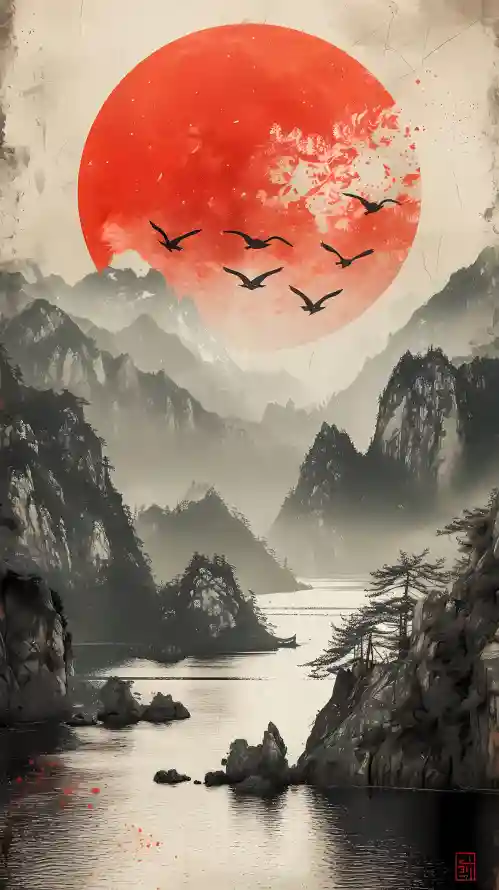 4k山水壁纸 - 红日 - 背景 - 飞鸟「哲风壁纸」