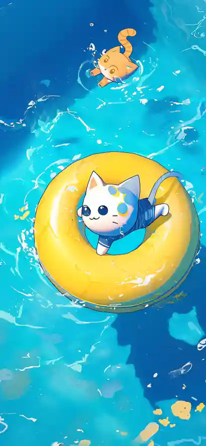 4k卡通猫咪壁纸 - 可爱猫咪 - 泳池元素 - 泳池场景「哲风壁纸」