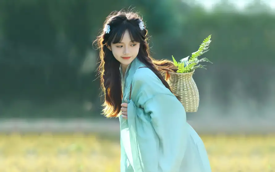 4k古装壁纸-背竹篮 - 古风少女-魅力十足「哲风壁纸」