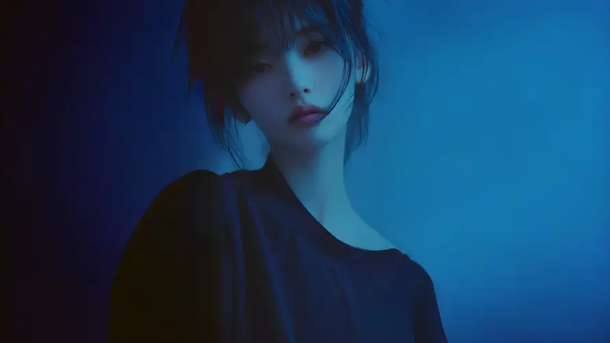 7k女孩壁纸-人物特写 - 温润可人-蓝色背景「哲风壁纸」