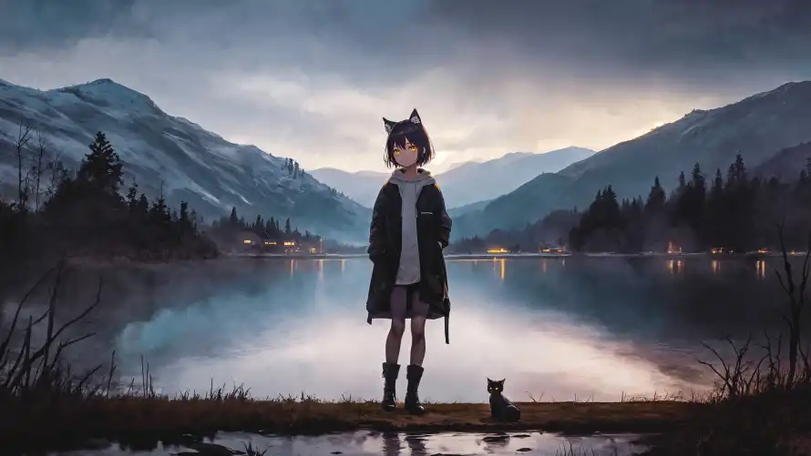 4k动漫壁纸-二次元 - 动漫插画-少女与猫「哲风壁纸」
