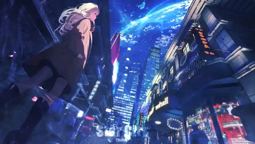 5k动漫壁纸-二次元 - 城市夜景-星空高楼「哲风壁纸」