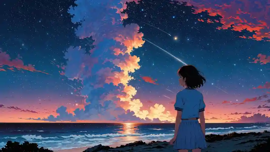 4k动漫壁纸-少女 - 星空-流星「哲风壁纸」