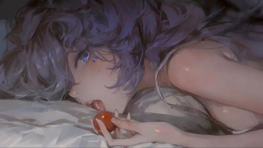 3k紫色壁纸-美女 - 卧室侧卧场景-手持鲜果美女「哲风壁纸」