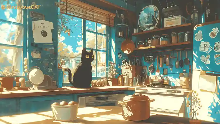 4k厨房壁纸-黑猫 - 家居插画-插画风格「哲风壁纸」