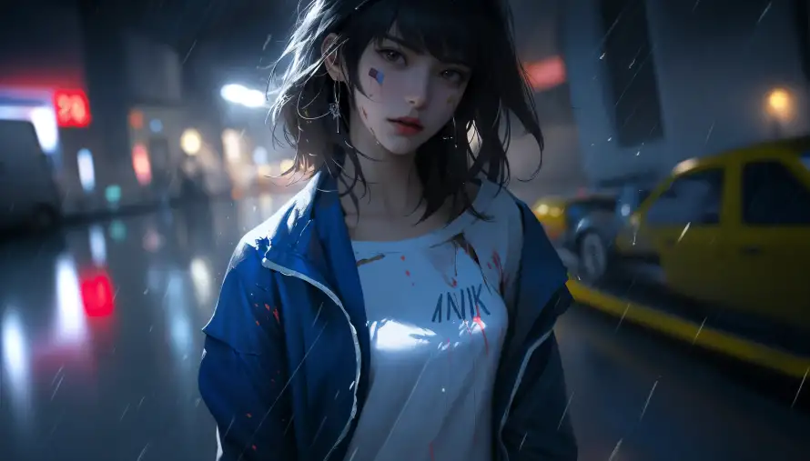 5k女孩壁纸-在雨中 - 雨夜氛围感-霓虹灯背景「哲风壁纸」