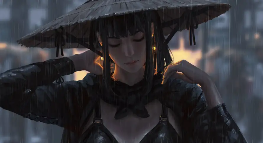 4k侠女壁纸-雨中 - 侠女插画-古风插画「哲风壁纸」
