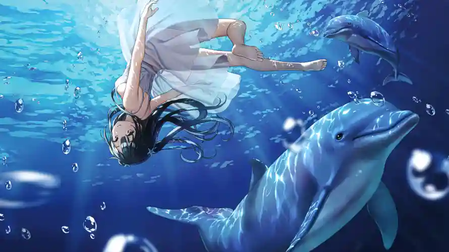 4k少女壁纸-海豚 - 少女插画-梦幻海洋「哲风壁纸」