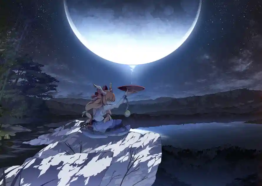 2k东方壁纸-伊吹萃香 - 岩石插画-月夜场景「哲风壁纸」