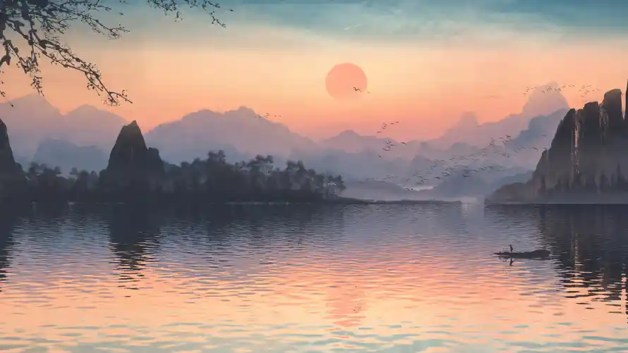 4k倒影壁纸-夕阳 - 小船-山水「哲风壁纸」