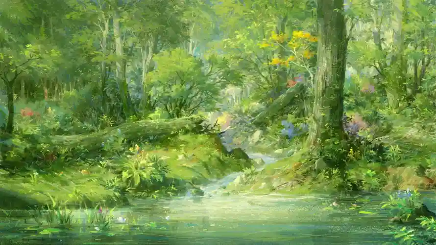 2k插画壁纸-艺术 - 丛林溪流-插画背景「哲风壁纸」