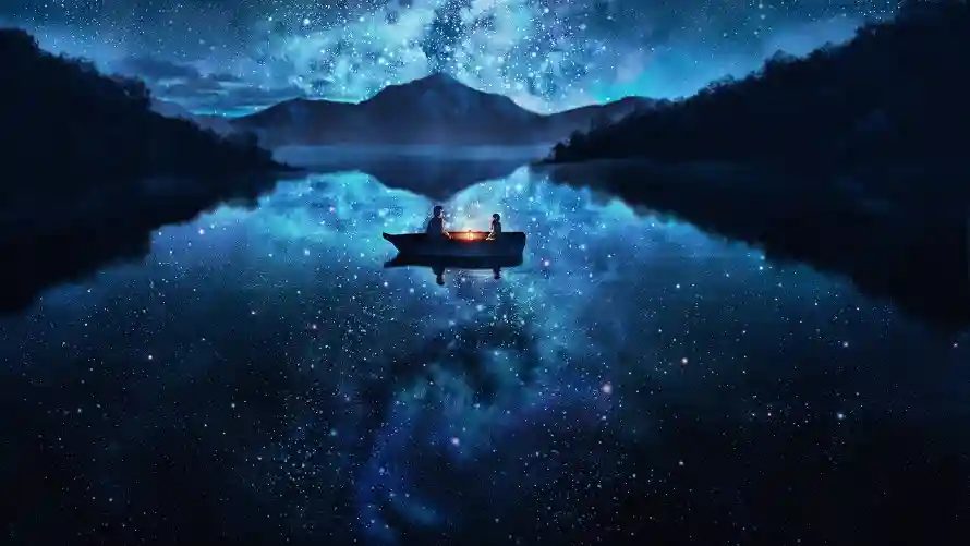 2k倒影壁纸-夜景 - 小船-星夜「哲风壁纸」