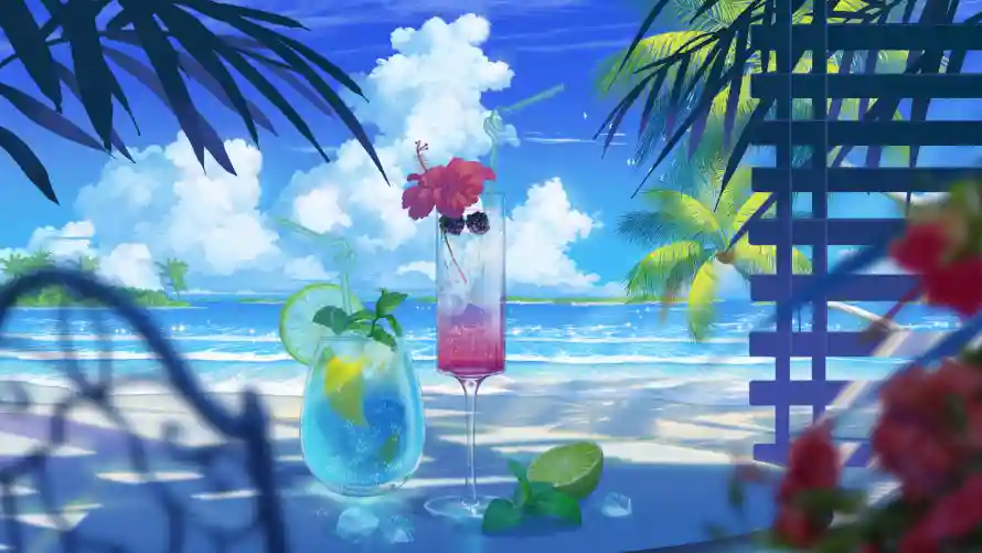 2k夏季壁纸-清爽 - 棕榈叶-冷饮插画「哲风壁纸」