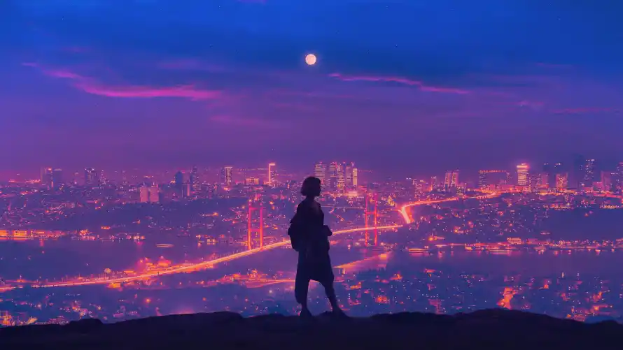 4k女孩壁纸-风景 - 城市夜景-少女剪影「哲风壁纸」