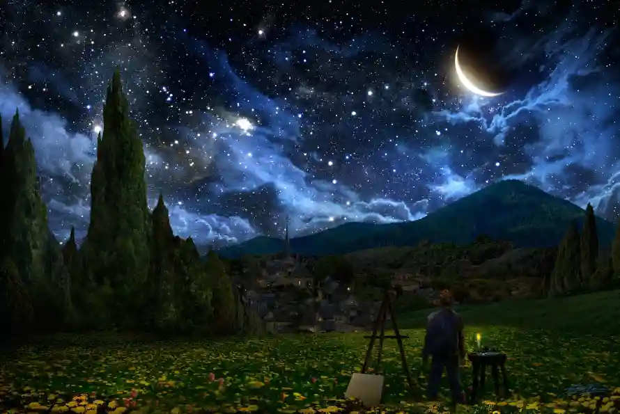 4k夜景壁纸-星空 - 月亮-柏树「哲风壁纸」