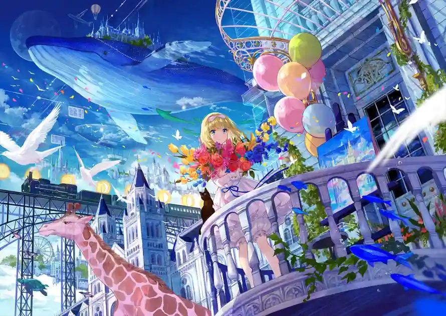 2k奇幻壁纸-女孩 - 气球-花朵「哲风壁纸」