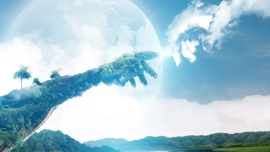 2k场景壁纸-奇幻 - 天空连接岩台-奇幻场景设计「哲风壁纸」
