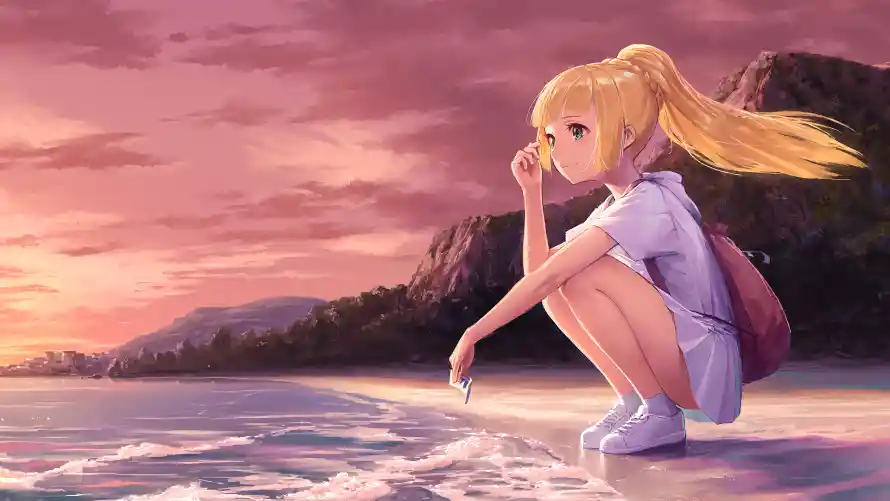 2k女孩壁纸-二次元 - 少女背影-海边夕阳「哲风壁纸」