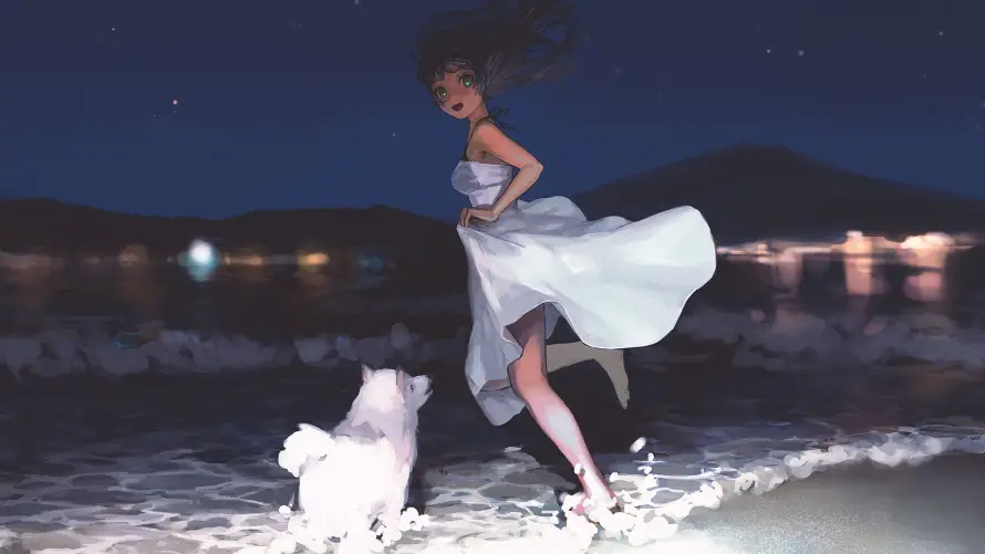 2k女孩壁纸-海浪 - 白犬-二次元「哲风壁纸」