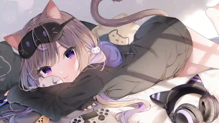 2k女孩壁纸-猫耳 - 紫发-耳机「哲风壁纸」