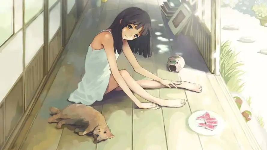2k女孩壁纸-二次元 - 木地板-少女与猫「哲风壁纸」