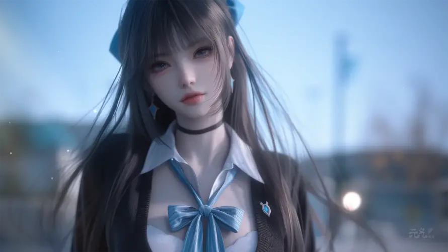 4k少女壁纸-清纯 - 校园风-蓝丝带「哲风壁纸」