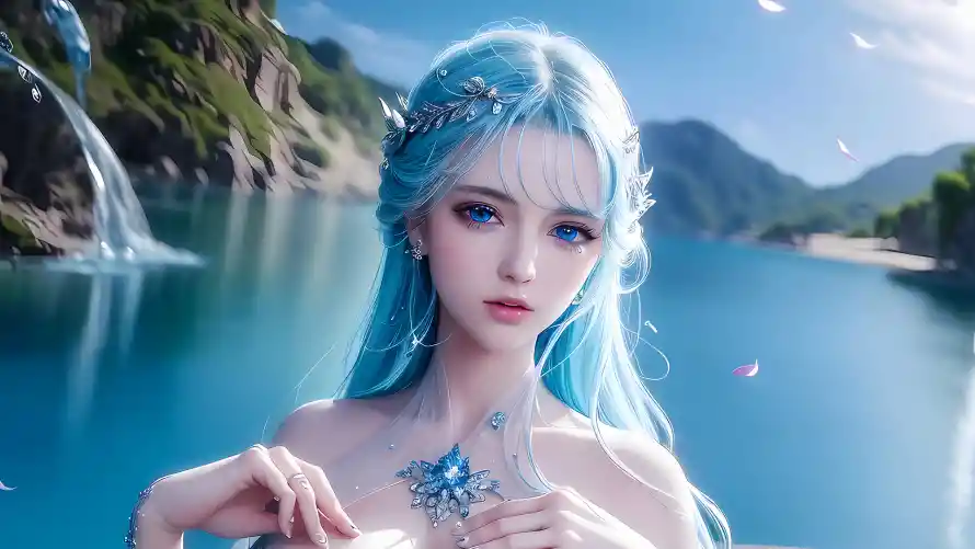 2k美女壁纸-蓝发 - 唯美壁纸-山水背景「哲风壁纸」