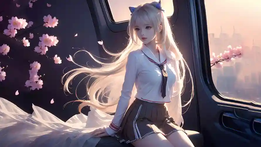 4k少女壁纸-学生制服 - 樱花场景-猫耳少女「哲风壁纸」