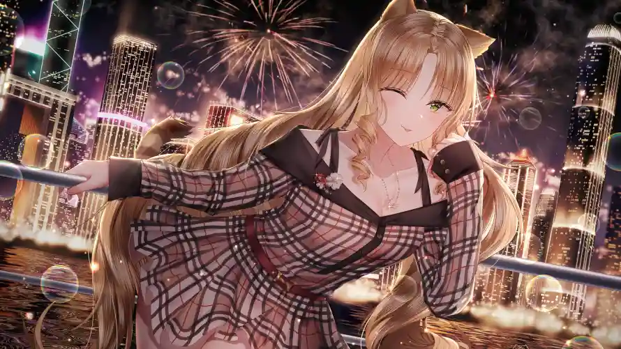 4k女孩壁纸-二次元 - 烟花背景-猫耳少女「哲风壁纸」