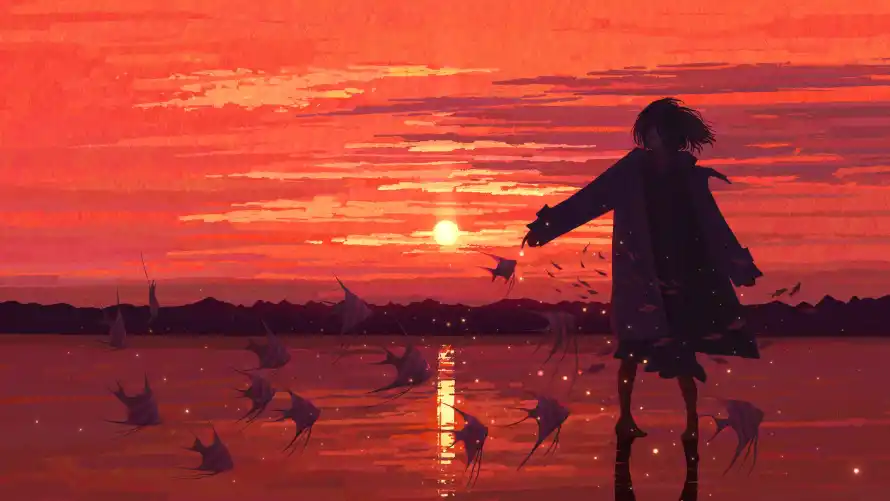 4k夕阳壁纸-少女 - 夕阳少女-少女插画「哲风壁纸」