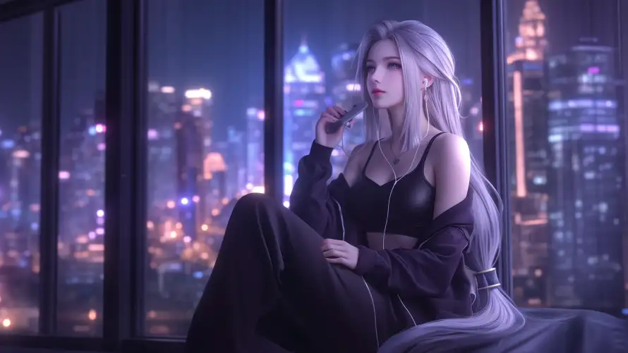 4k灰发壁纸-听歌女孩 - 城市夜景-夜晚听歌「哲风壁纸」