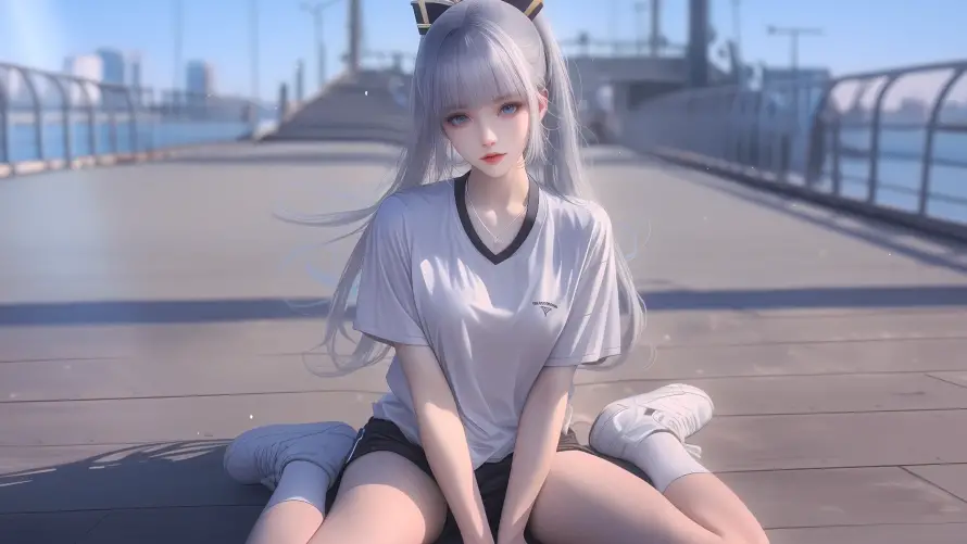 4k银发壁纸-少女坐姿 - 户外场景-桥边背景「哲风壁纸」