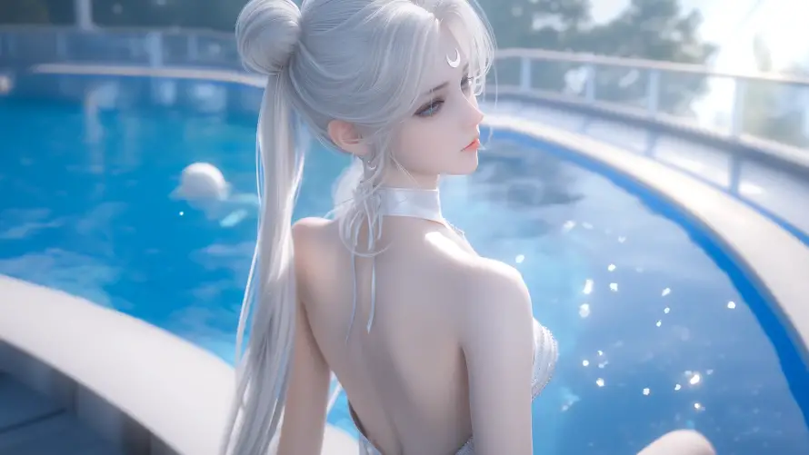 4k夏日壁纸-少女 - 泳池-背影「哲风壁纸」