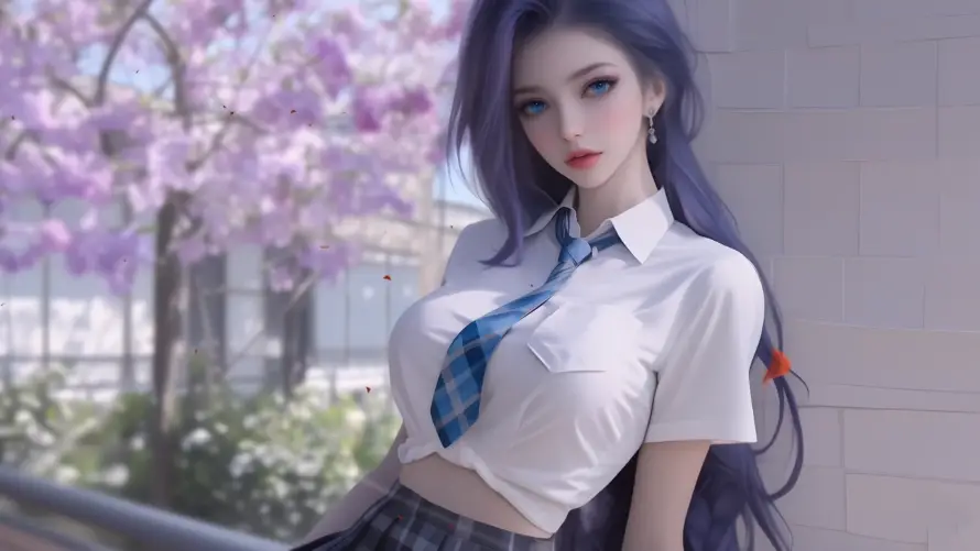 4k女神壁纸-学姐 - 蓝发-校园风「哲风壁纸」