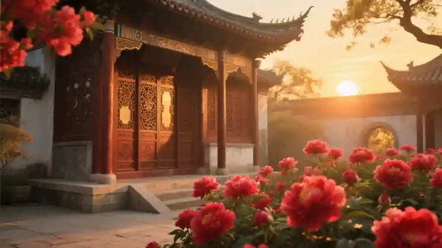2k古风壁纸-夕阳 - 庭院-牡丹「哲风壁纸」