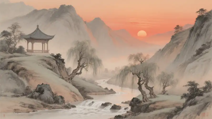 2k凉亭壁纸-中式山水 - 古风夕阳-古风山水「哲风壁纸」
