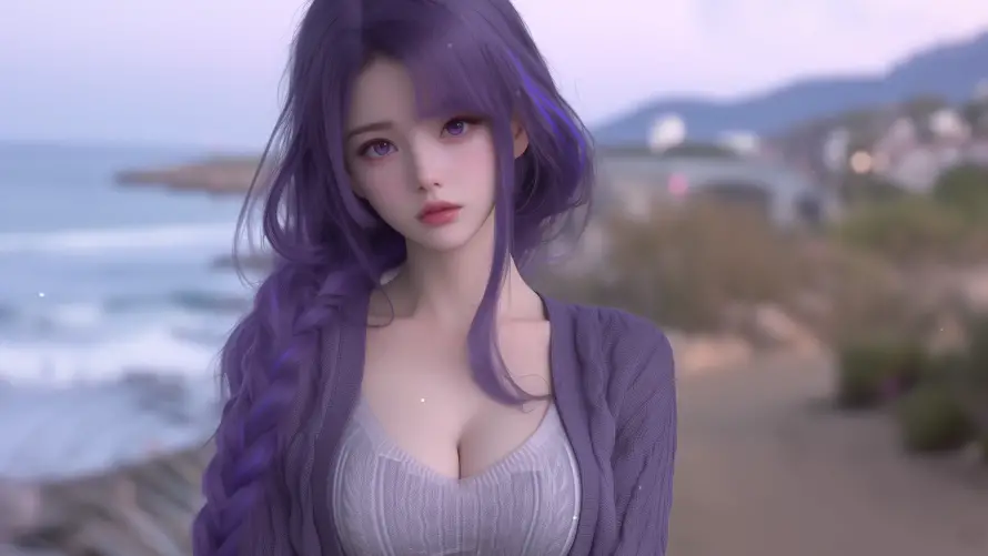 4k少女壁纸-海滨 - 紫发-长发「哲风壁纸」