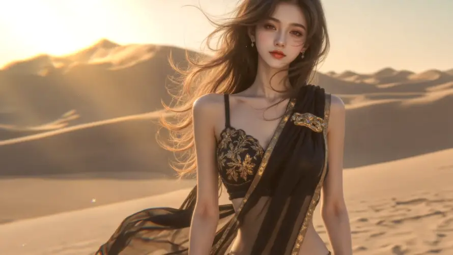 4k美女壁纸-黄沙 - 丝路元素-丽人写真「哲风壁纸」