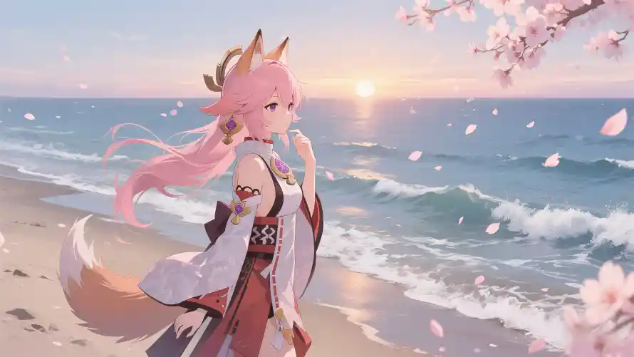 4k原神壁纸-夕阳 - 樱花-海景「哲风壁纸」