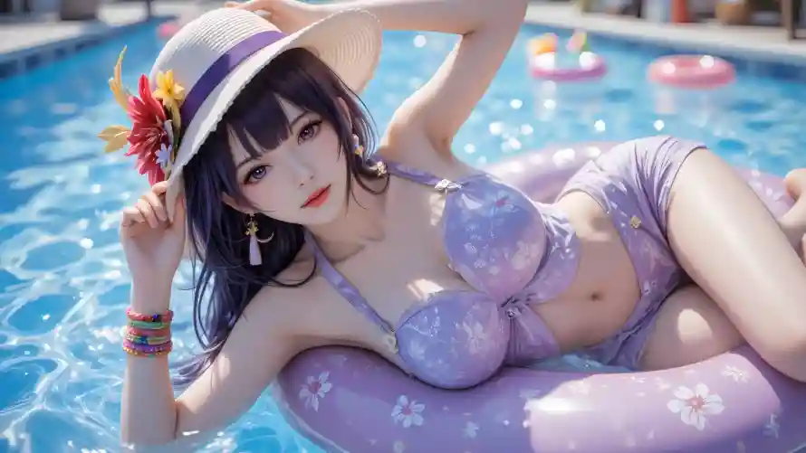 2k泳衣壁纸-紫色 - 夏日浮圈-少女泳装「哲风壁纸」